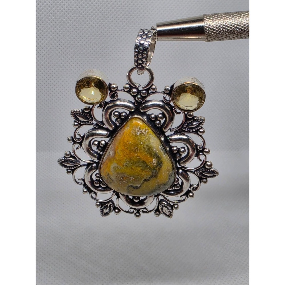 Bumble Bee Jasper and Citrine 925 Silver Plated Long Pendant Size 2.4" - Picture 5 of 6